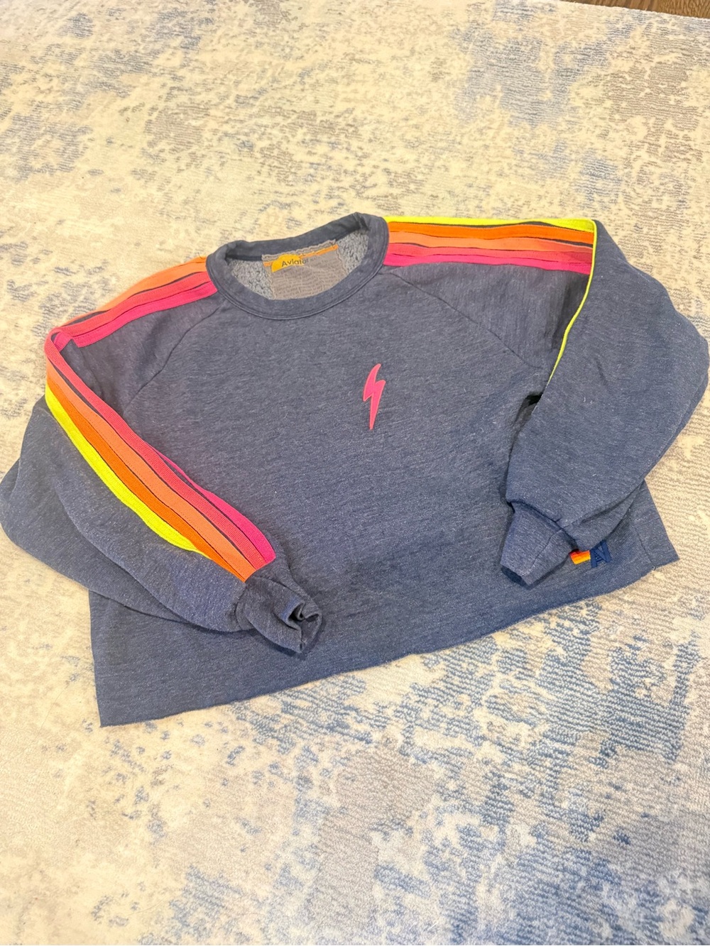 Aviator Nation Heather Navy Crewneck with Neon Stripe Accents